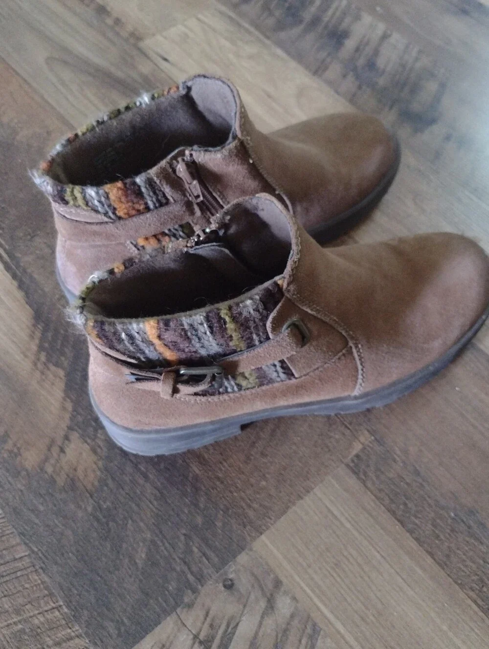 Earth Origins Brown Suede Ankle Booties with Multicolor Knit Cuff
